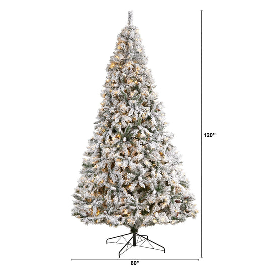 10' Flocked White River Mountain Pine Christmas Tree with Pinecones and 800 Clear LED Lights - Tampa Home & Garden Store