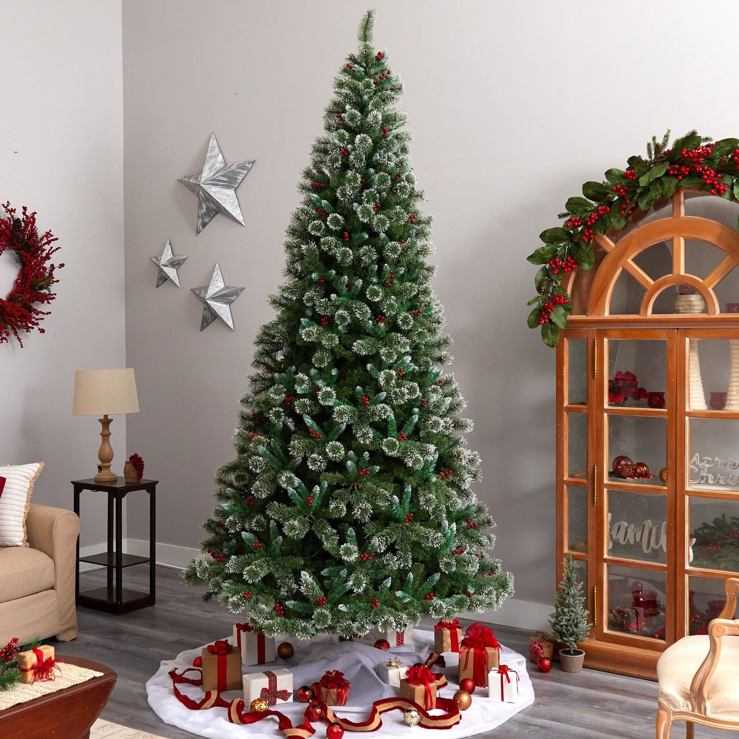 10’ Frosted Swiss Pine Artificial Christmas Tree with 850 Clear LED Lights and Berries - Tampa Home & Garden Store