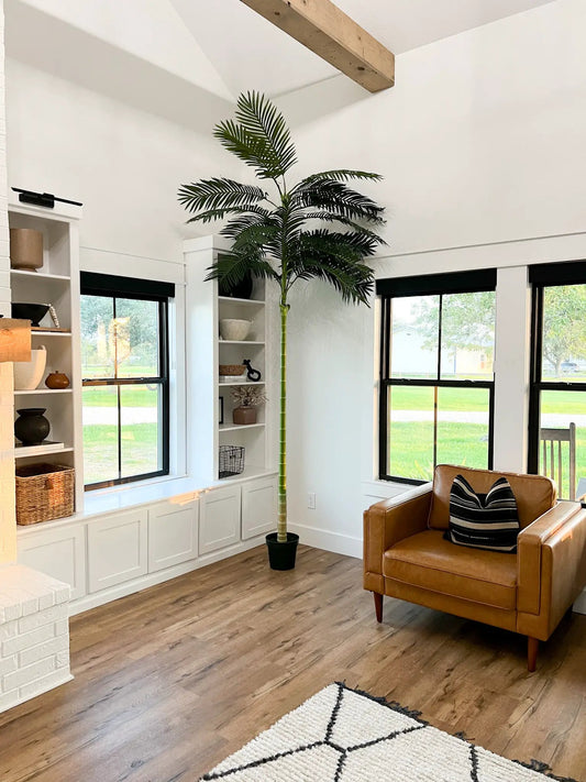 Golden Cane Artificial Palm Tree, 10 ft tall with lime-green trunk and lush fronds in a pot on Tampa Home & Garden Store