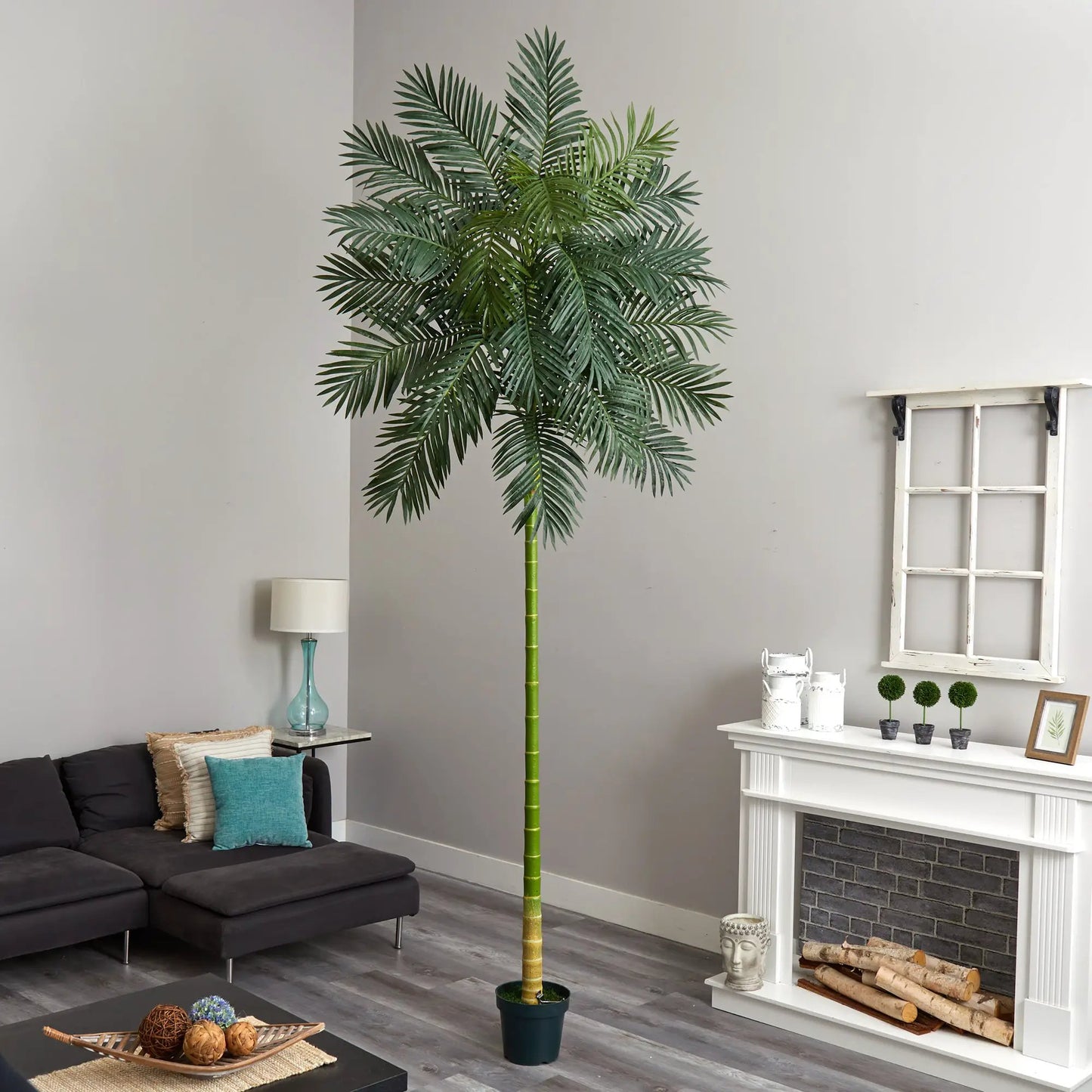 Golden Cane artificial palm tree, 10 ft tall, green fronds and segmented trunk in a dark pot on Tampa Home & Garden Store