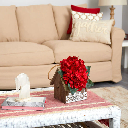 Hydrangea artificial hanging floral arrangement with red blooms in a wooden crate with rope on Tampa Home & Garden Store