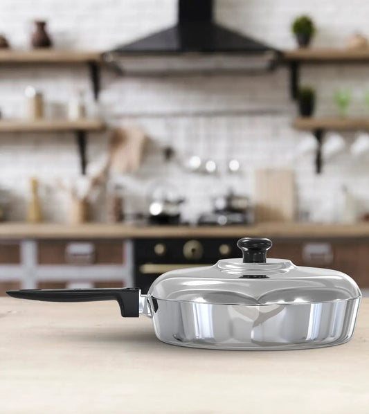 Magnaware 10 Inch Sauté Pan with Lid, stainless steel with black lid knob and handle on Tampa Home & Garden Store