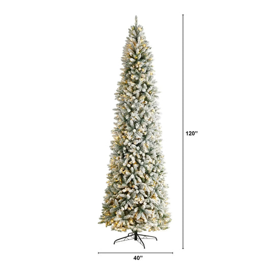 Slim Flocked Montreal Fir Christmas Tree by Nearly Natural 10 ft tall, snow-flocked needles on Tampa Home & Garden Store