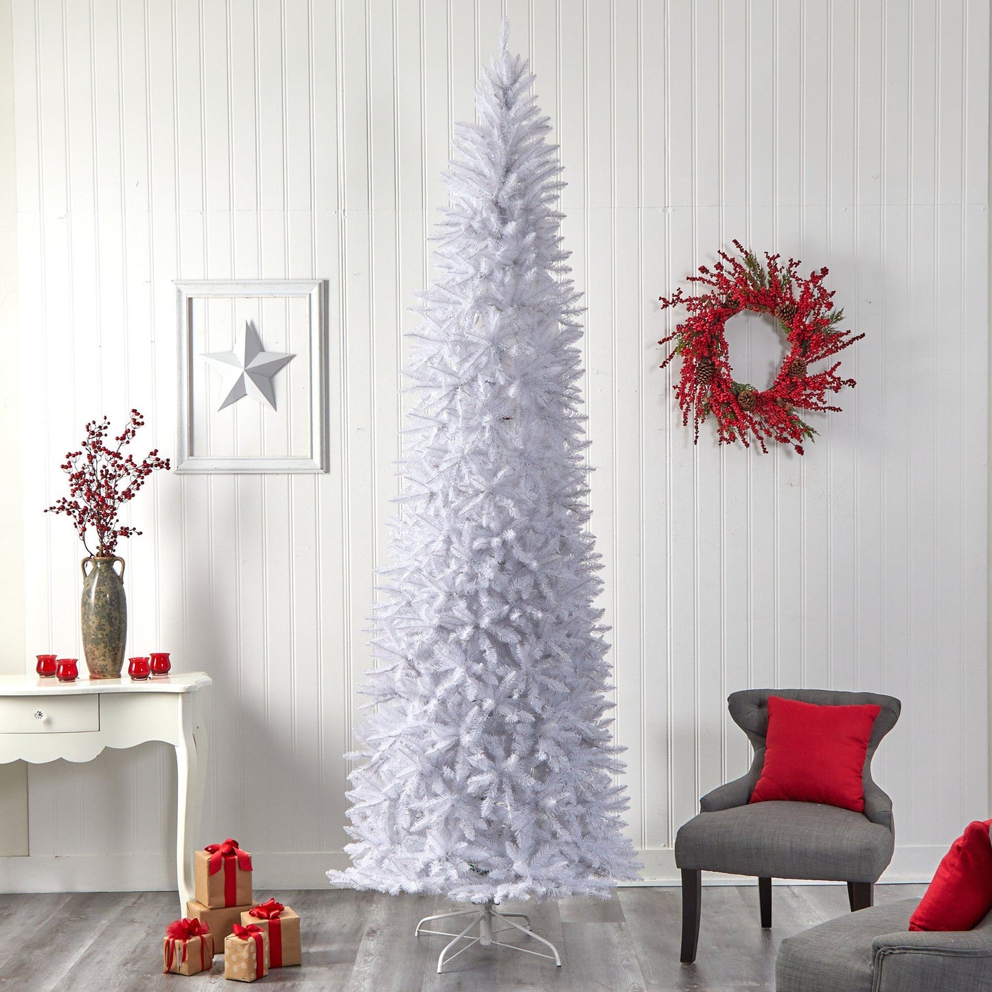 10’ Slim White Artificial Christmas Tree with 800 Warm White LED Lights and 2420 Bendable Branches - Tampa Home & Garden Store