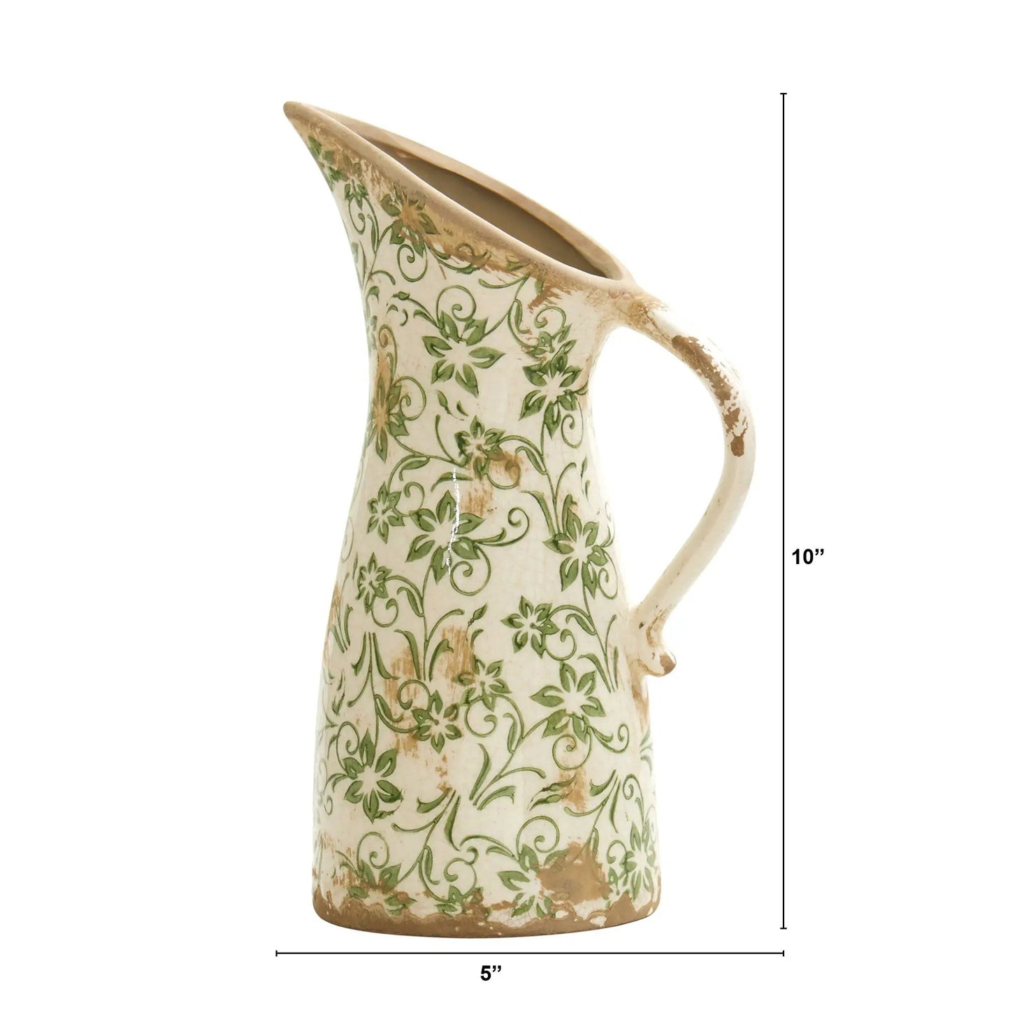 10 Inch Tuscan Green Scroll Pitcher Vase by Nearly Natural, vase with green scroll pattern on Tampa Home & Garden Store