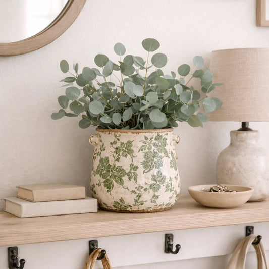 10” Tuscan Ceramic Green Scroll Planter w/ Handles - Tampa Home & Garden Store