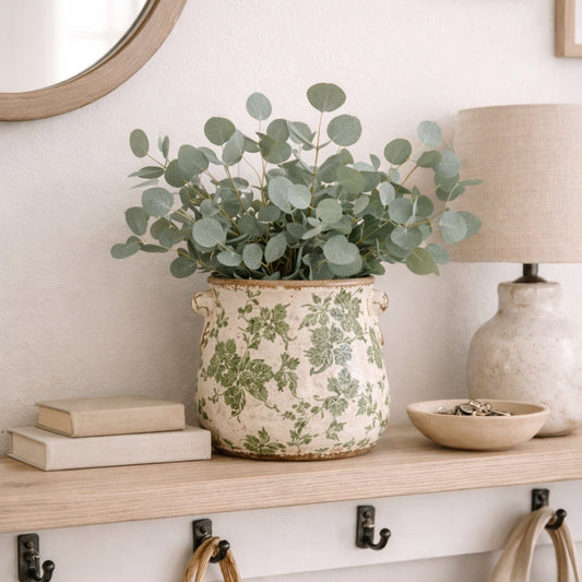 10” Tuscan Ceramic Green Scroll Planter w/ Handles