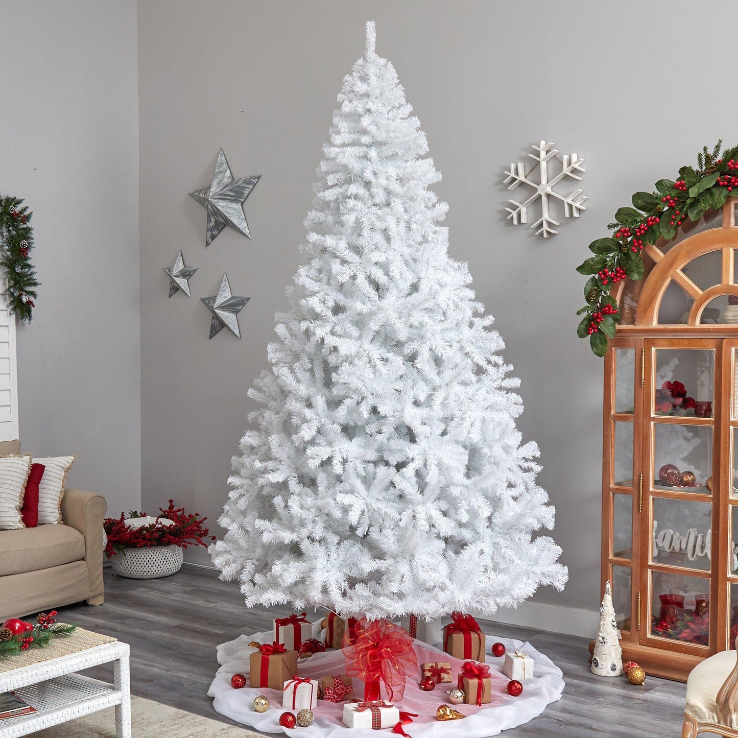10' White Artificial Christmas Tree with 2200 Bendable Branches and 800 LED Lights - Tampa Home & Garden Store