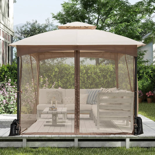 10 X 10 FT Heavy-Duty Patio Gazebo with Netting Walls and 4 Sandbags-Khaki - Tampa Home & Garden Store