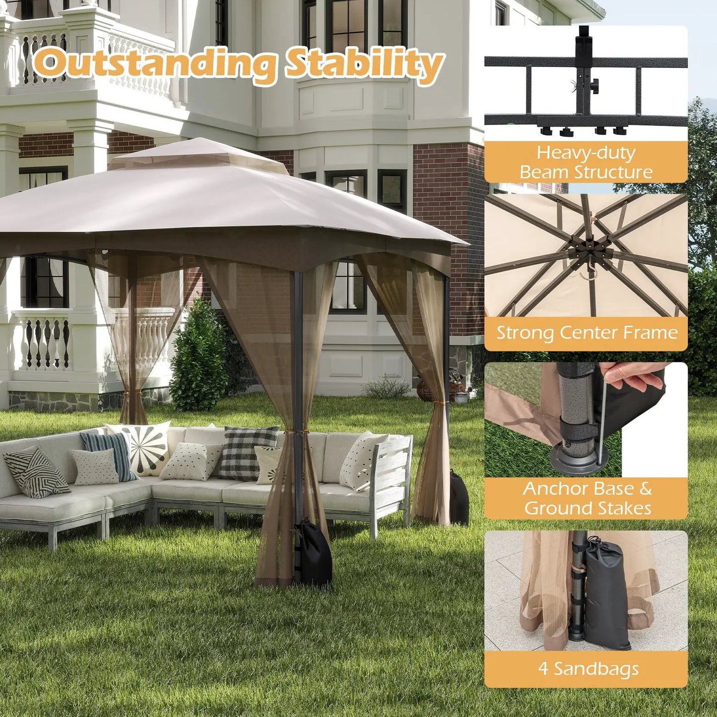 DirectDeals 10x10 heavy-duty gazebo with netting walls, khaki canopy, dark frame, 4 sandbags on Tampa Home & Garden Store
