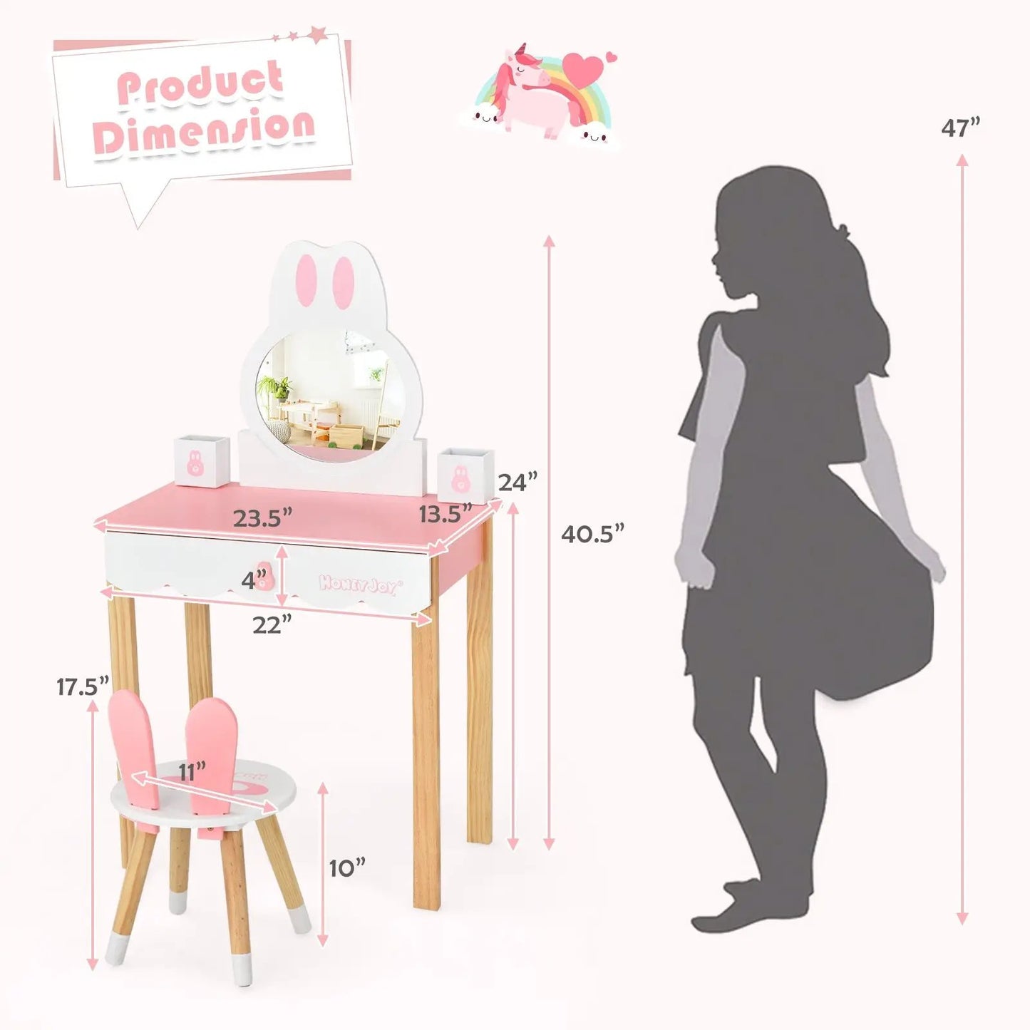 Kids vanity set rabbit makeup table with drawer pink tabletop rabbit mirror bunny-ear stool on Tampa Home & Garden Store