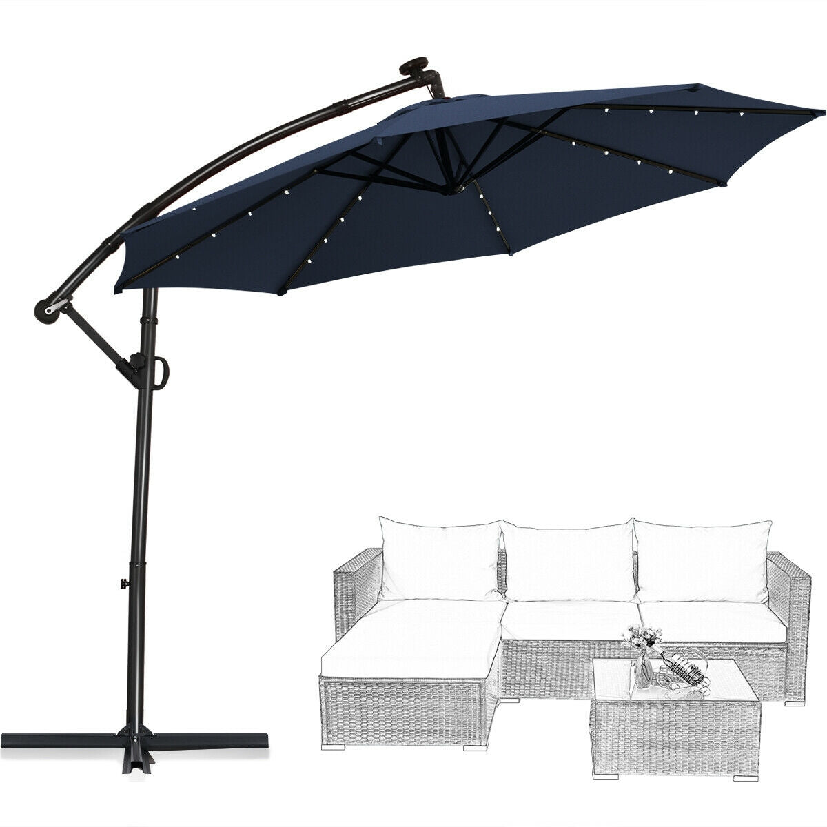10 ft 360° Rotation Solar Powered LED Patio Offset Umbrella without Weight Base-Navy