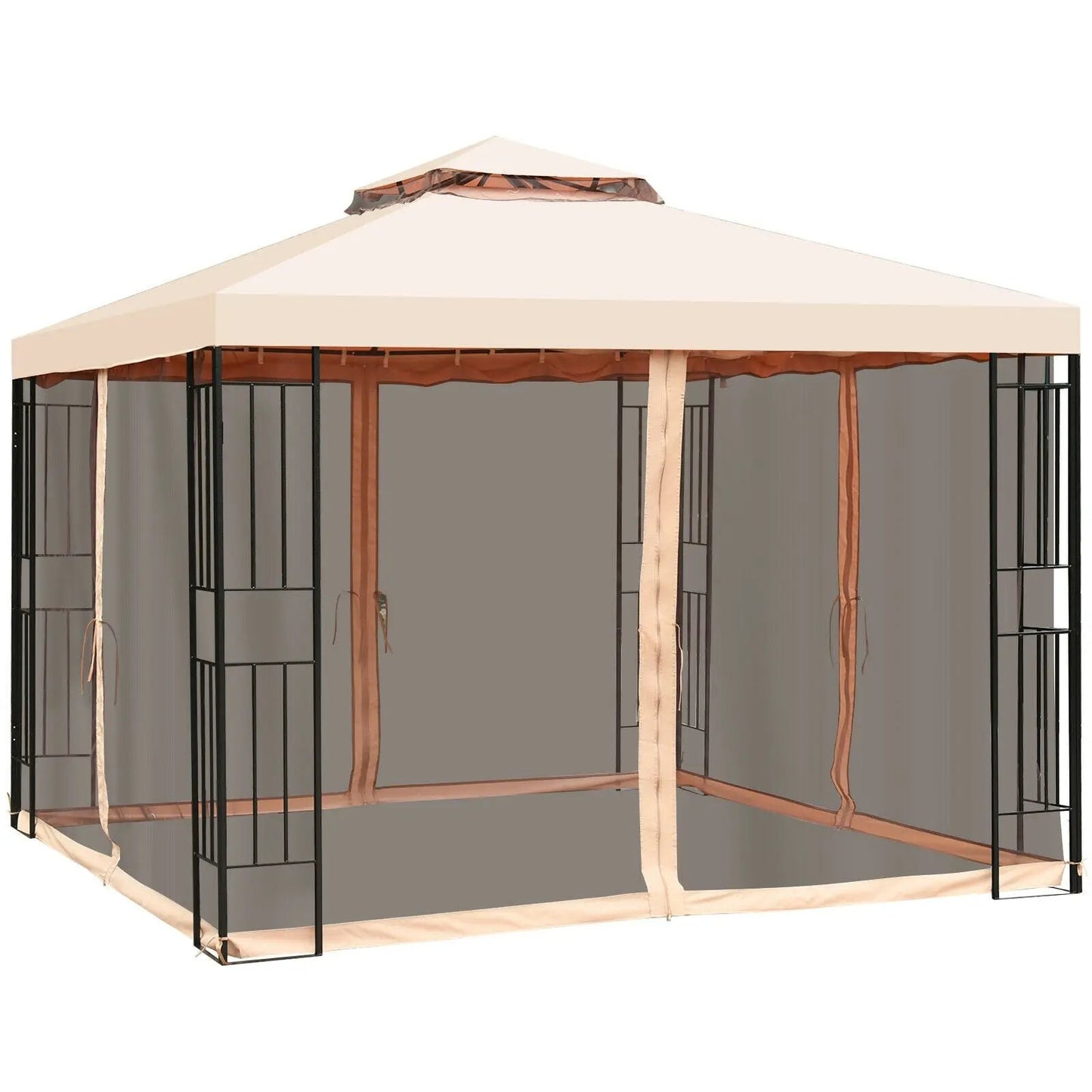 10x10 ft two-tier vented canopy with mosquito netting, beige top and black frame on Tampa Home & Garden Store