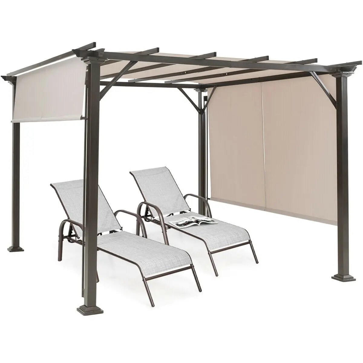 10 x 10 ft beige metal patio shelter with 2 lounge chairs DirectDeals on Tampa Home & Garden Store