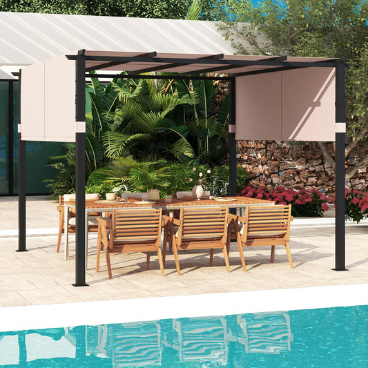 10 x 10 ft Flat Top Pergola with Retractable Canopy for Garden Pool Porch and Backyard-Beige - Tampa Home & Garden Store