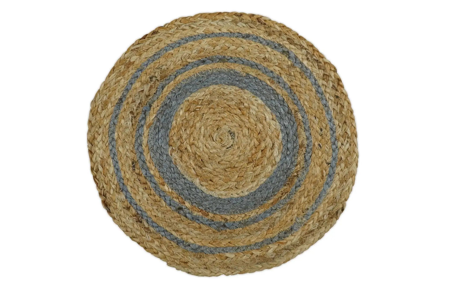 Round hand braided jute rug with blue boho stripes, 5 ft diameter on Tampa Home & Garden Store