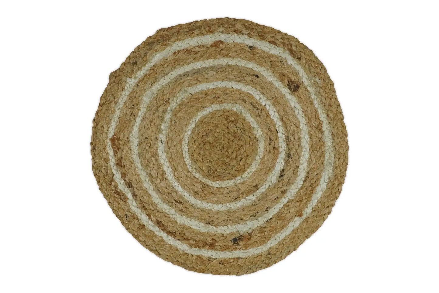 Natural fiber hand braided boho round jute rug with white braided bands on Tampa Home & Garden Store