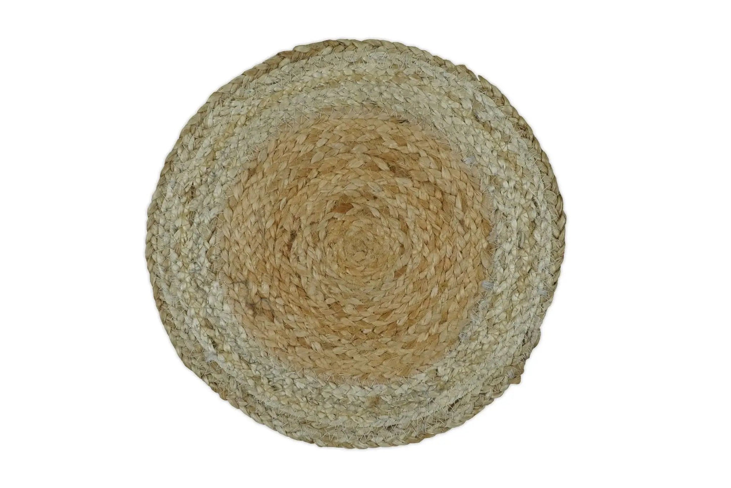 Natural fiber hand braided boho round ivory jute rug with woven circular pattern on Tampa Home & Garden Store