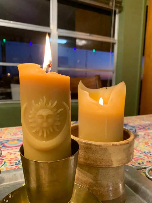 Beeswax Sun and Moon candle by Terra Cotta Botanical Boutique, 3.75-inch tall, embossed sun on Tampa Home & Garden Store