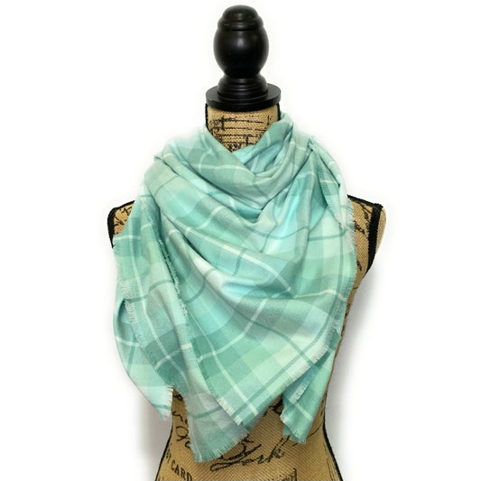 100% Organic Cotton Light Aqua and Minty Green Plaid Infinity and Blanket Scarves - Tampa Home & Garden Store