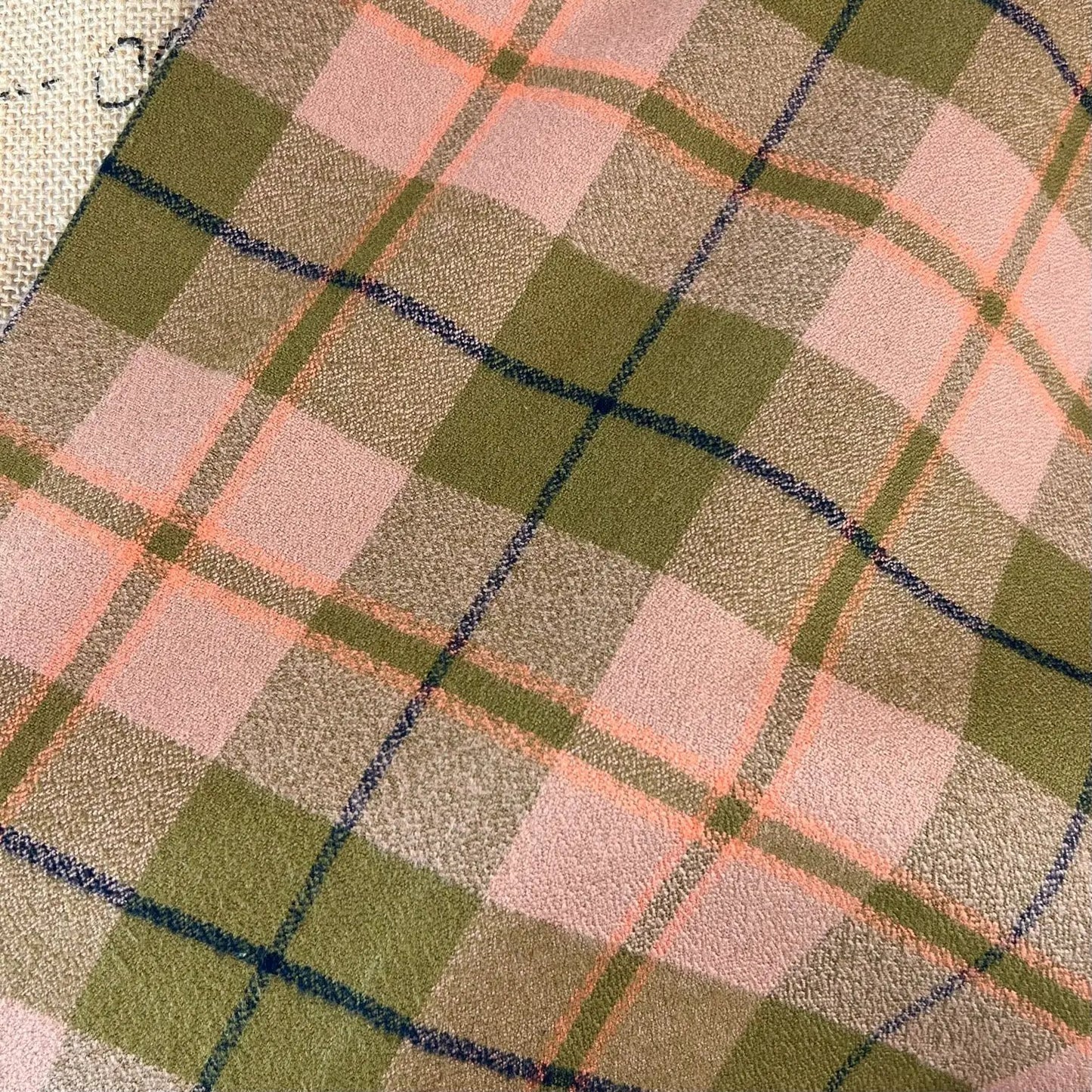 Organic cotton infinity scarf in olive green and blush plaid with navy lines on Tampa Home & Garden Store