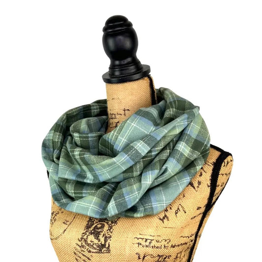 Thistle & Stitch Organic Cotton plaid infinity & blanket scarf green-blue plaid on form on Tampa Home & Garden Store