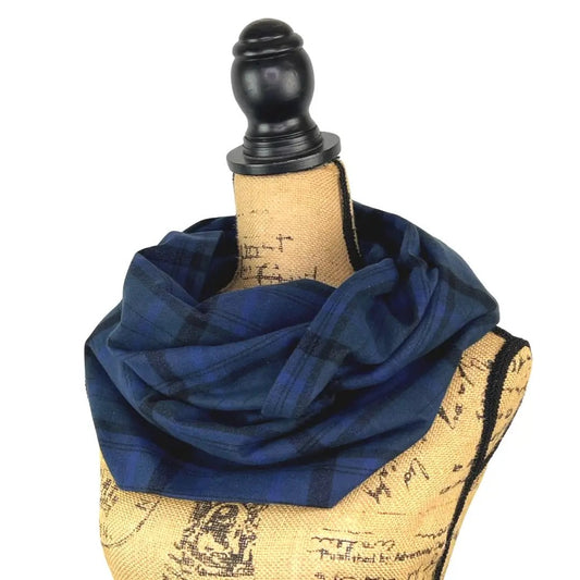 Navy blue and black plaid infinity scarf draped on a dress form on Tampa Home & Garden Store