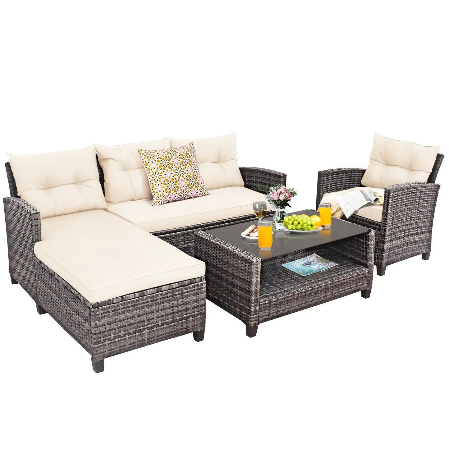 DirectDeals 4-Piece patio rattan sofa set with beige cushions and 2-tier glass coffee table on Tampa Home & Garden Store