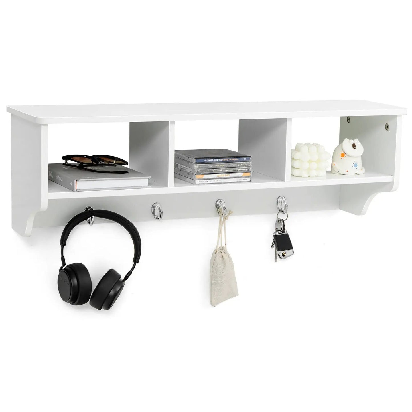 Wall Mount Cubby Organizer with Hooks Entryway, white wooden shelf with 3 cubbies and hooks on Tampa Home & Garden Store