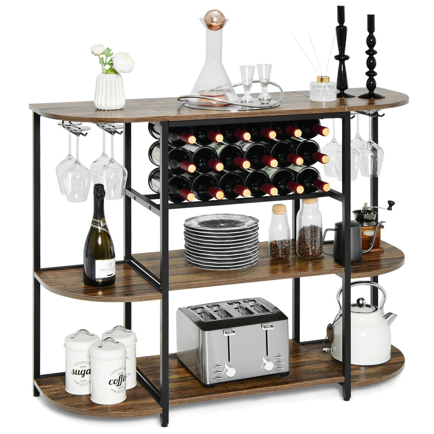 47 Inches Wine Rack Table with Glass Holder and Storage Shelves-Rustic Brown - Tampa Home & Garden Store