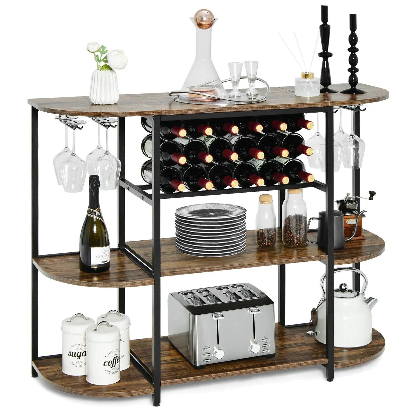 47 Inches Wine Rack Table with Glass Holder and Storage Shelves-Rustic Brown - Tampa Home & Garden Store