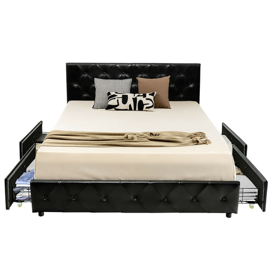 Full/Queen PU Leather Upholstered Platform Bed with 4 Drawers - Tampa Home & Garden Store