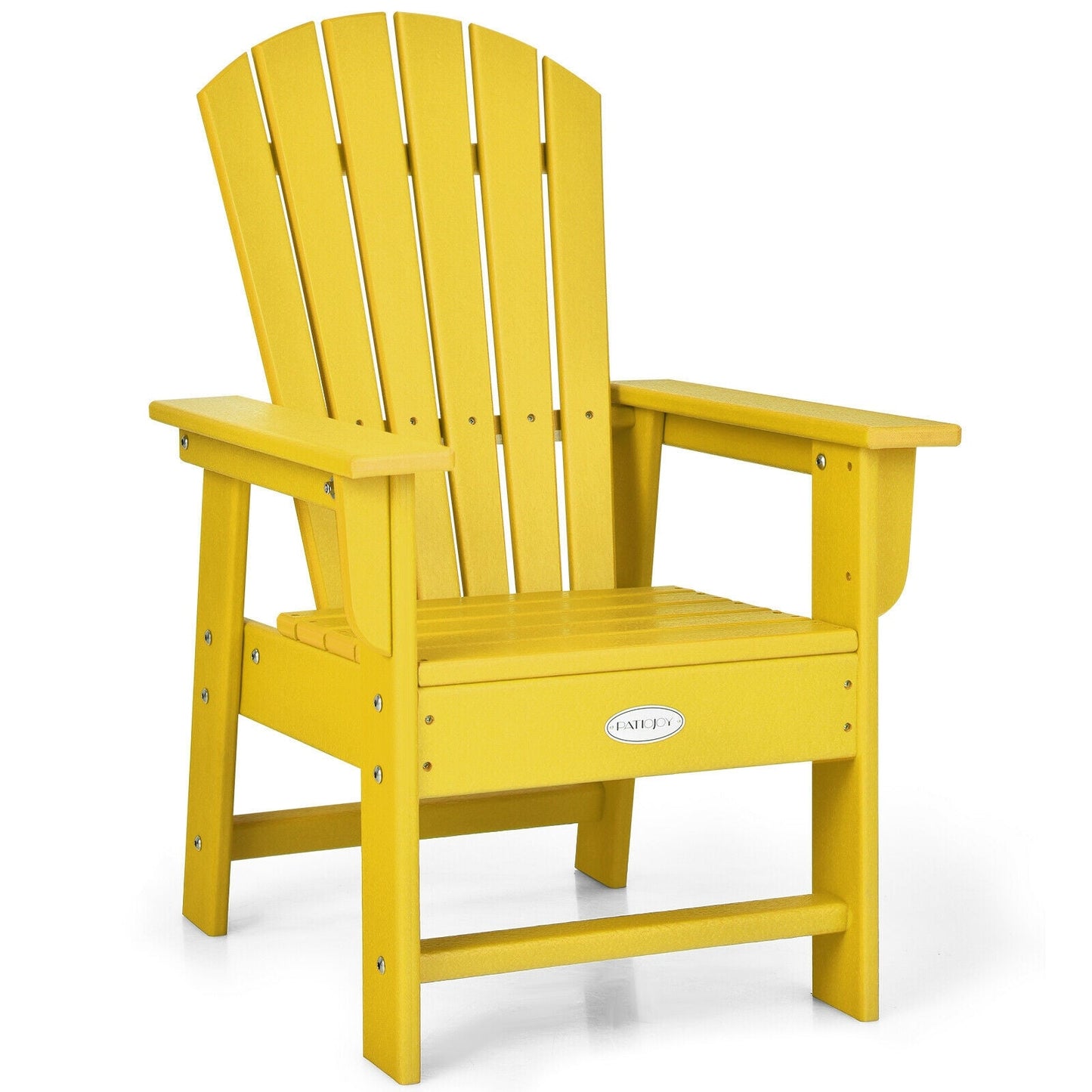 Yellow kids Adirondack chair with ergonomic backrest, wooden slats, PatioJoy logo on Tampa Home & Garden Store