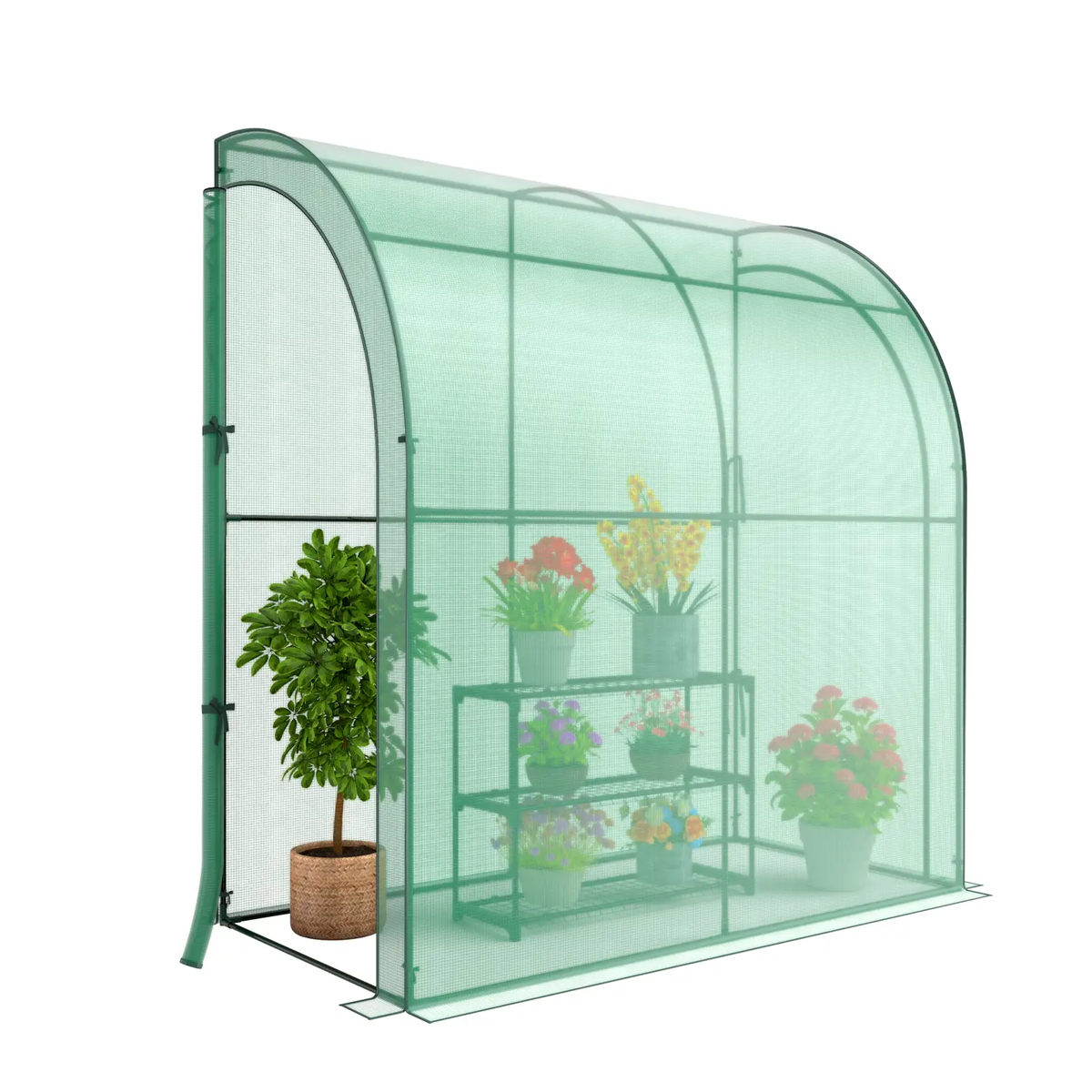 Lean-To Greenhouse with Flower Rack by DirectDeals, green arch frame with plant shelves on Tampa Home & Garden Store