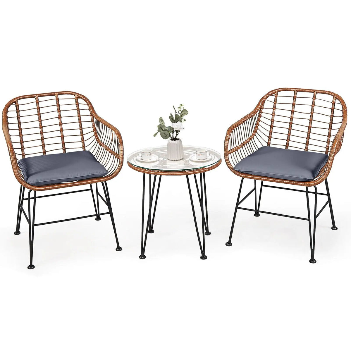 3-piece patio rattan bistro set with grey cushions and a round glass tabletop on black metal legs on Tampa Home & Garden Store