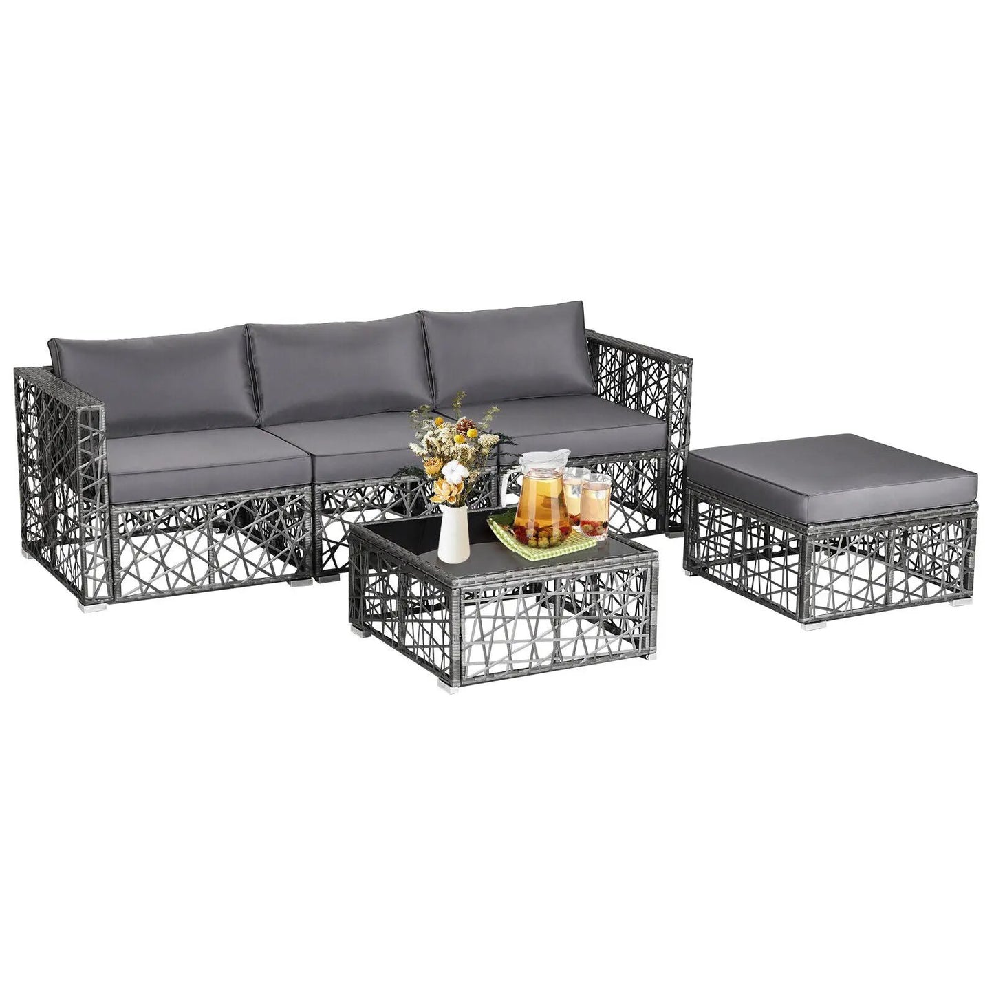 5 Piece Patio Rattan Wicker Sofa Set Gray with lattice frame and gray cushions by DirectDeals on Tampa Home & Garden Store