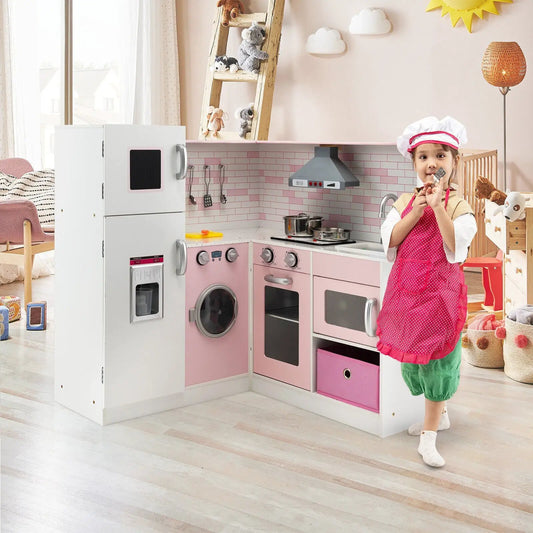 Corner play kitchen wooden toy set in pink and white with a child chef in a pink apron on Tampa Home & Garden Store