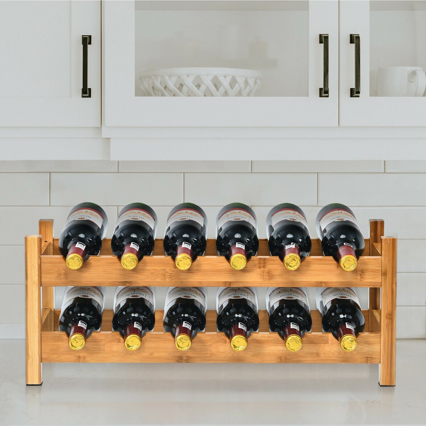 Bamboo 2-Tier Wine Rack for 12 Bottles, natural bamboo wood, space-saving design on Tampa Home & Garden Store