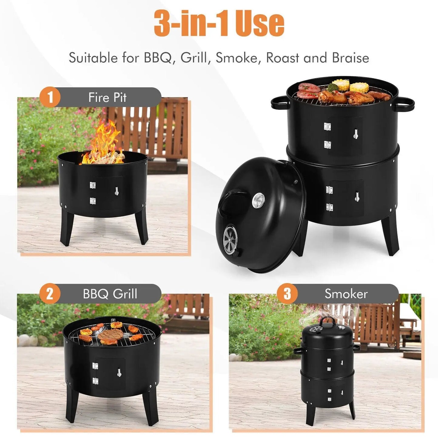 3-in-1 Charcoal BBQ Grill Cambo with Built-in Thermometer - Tampa Home & Garden Store