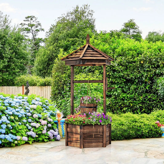 Rustic Wooden Wishing Well With Hanging Bucket planter in brown wood amid lush garden on Tampa Home & Garden Store
