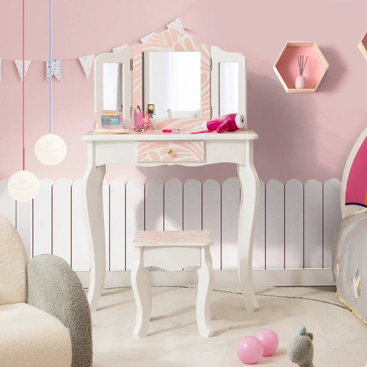 Two in One Kids Vanity Table with Tri Fold Mirror, white with pink accents DirectDeals on Tampa Home & Garden Store