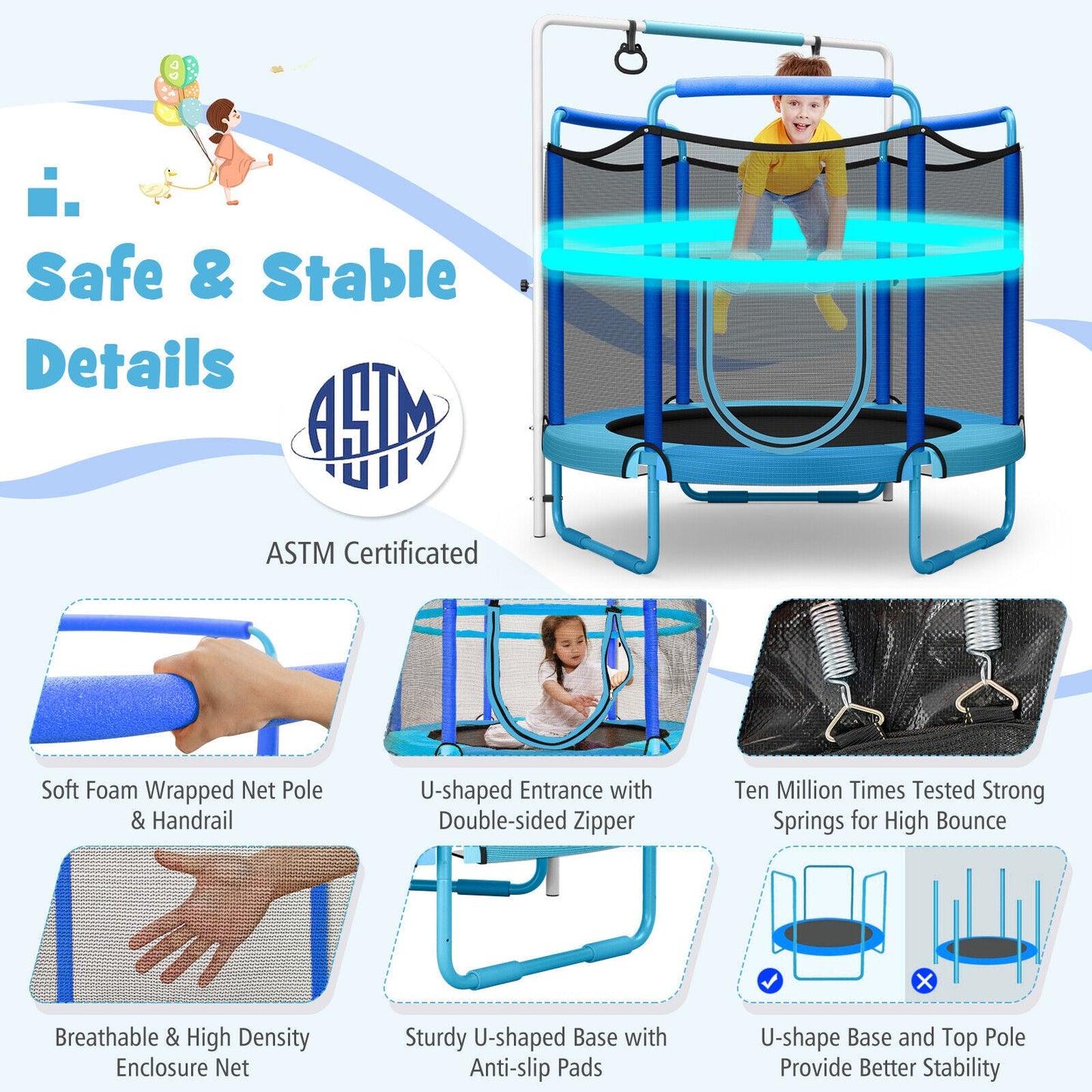 5 ft Kids 3-In-1 Trampoline with Enclosure Net, blue frame and pad on Tampa Home & Garden Store