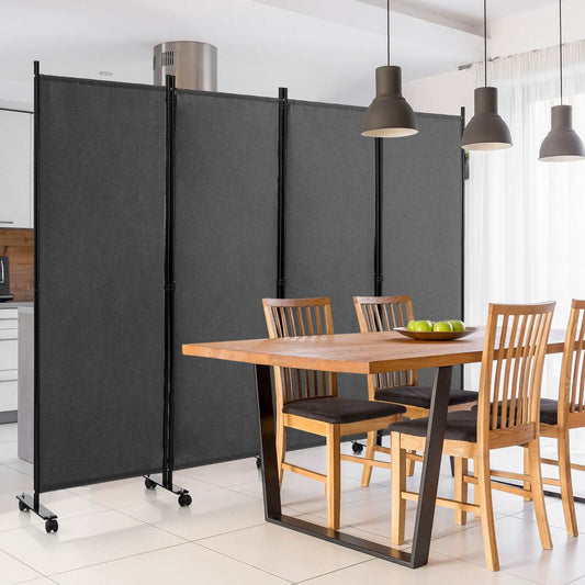 4-Panel Folding Room Divider with Lockable Wheels, gray fabric panels on black metal frame on Tampa Home & Garden Store