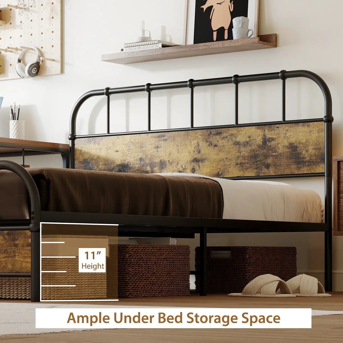 Queen Size Industrial Metal Platform Bed Frame in black steel with wood headboard DirectDeals on Tampa Home & Garden Store