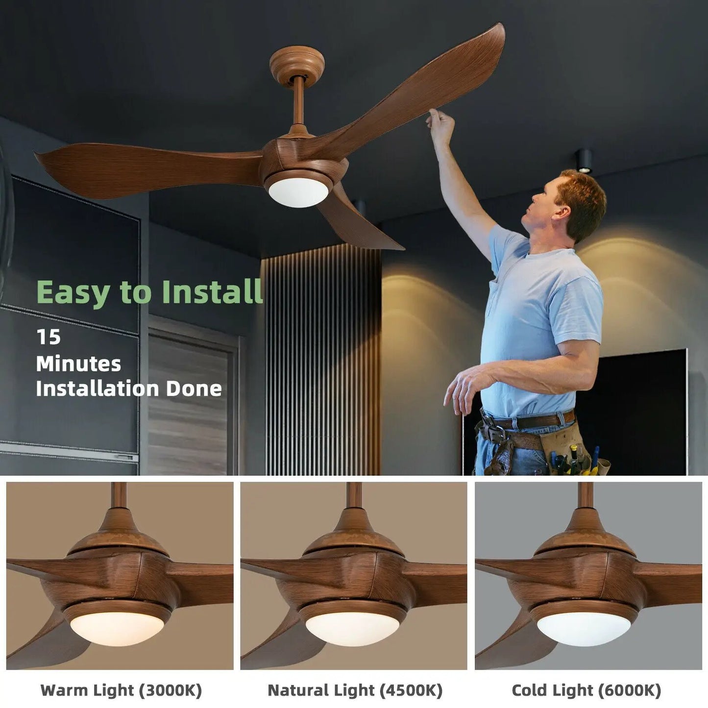 DirectDeals 52-inch ceiling fan with light, wood-finish blades, reversible DC motor on Tampa Home & Garden Store