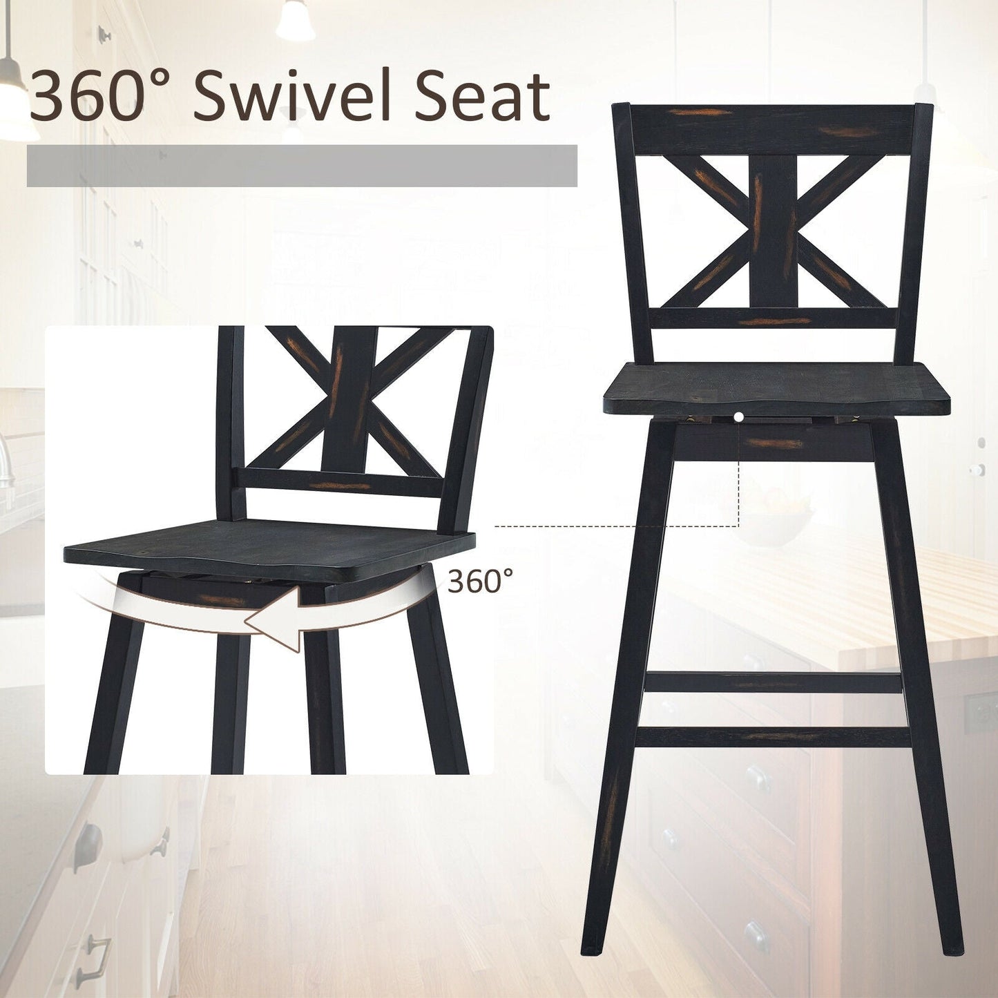 Set of 2 black wooden bar stools with X-back, 360-degree swivel seats on Tampa Home & Garden Store