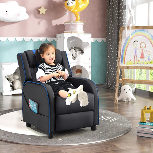 Kids recliner chair with side pockets in black upholstery with blue trim DirectDeals on Tampa Home & Garden Store