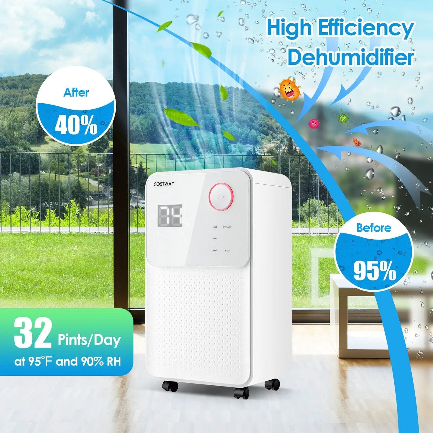 32 Pints Dehumidifier for Homes and Basements by DirectDeals, white with digital display on Tampa Home & Garden Store