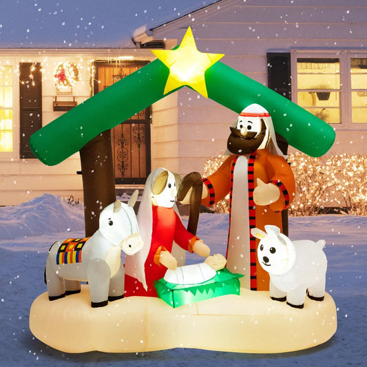 6.7 ft Christmas Nativity inflatable with LED lights, green arch and star on Tampa Home & Garden Store