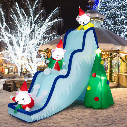 9 ft blue inflatable polar bear slide with LED lights, three bears wear Santa hats DirectDeals on Tampa Home & Garden Store